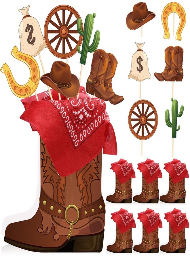 Weekgrat 8 Sets 129 Pcs Cowboy Western Party Centerpieces - Brown Paper & Wooden Stick Cutouts with Cowboy Boots Shaped Boxes for Western Party Decor - Image 1